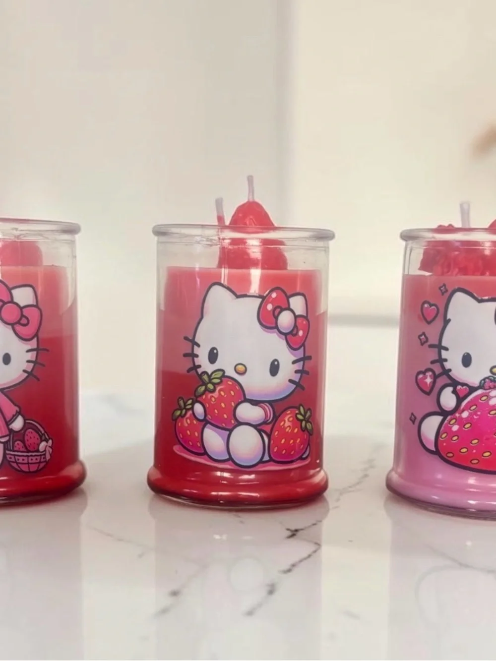 Hello Kitty Red and Pink Strawberry Party Candles - Set of 3
